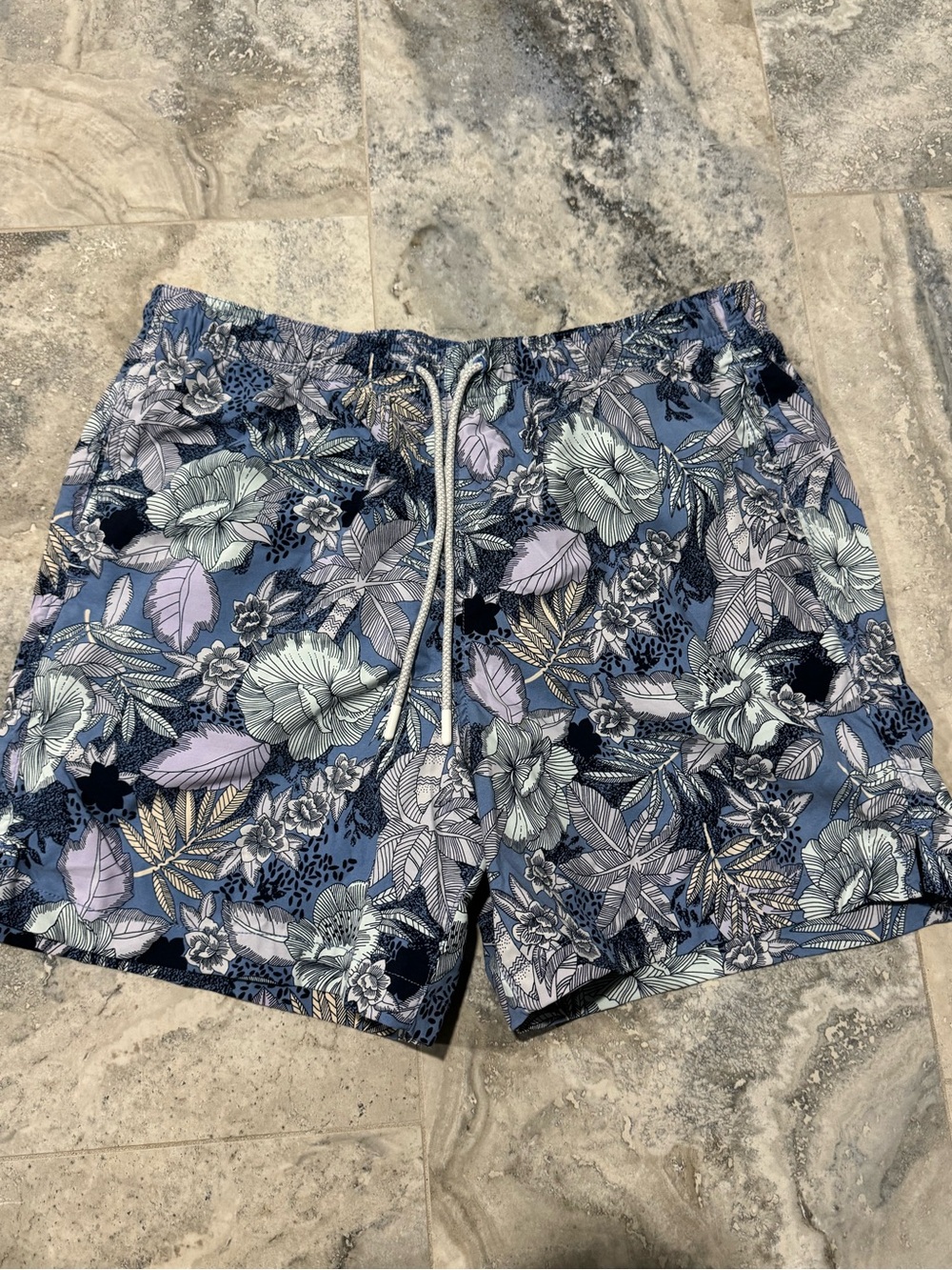 Express Blue Floral-Trim Swim Shorts